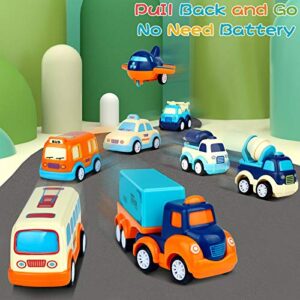 9 Pack Cars Toys for 2 3 4 5 Years Old Toddlers Boys and Girls Gift, Big Transport Truck with 8 Small Cute Pull Back Trucks, Colorful Assorted Vehicles Playset, Carrier Truck with Sound and Light