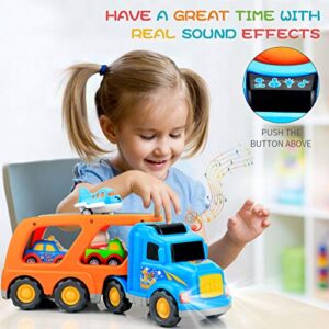 9 pcs Cars Toys for 2 3 4 5 Years Old Toddlers, Big Carrier Truck with 8 Small Cartoon Pull Back Cars, Colorful Assorted Vehicles, Transport Truck with Sound and Light, Best Gift for Boy and Girl