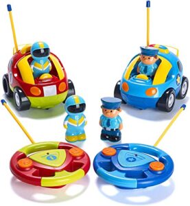 prextex remote control car for toddlers (2 pack) – toys for 2-3+ year old boys & girls – two cartoon rc cars: police & race car – toddler toys for boys & girls birthday gifts