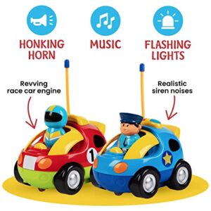 PREXTEX Remote Control Car for Toddlers (2 Pack) - Toys for 2-3+ Year Old Boys & Girls - Two Cartoon RC Cars: Police & Race Car - Toddler Toys for Boys & Girls Birthday Gifts