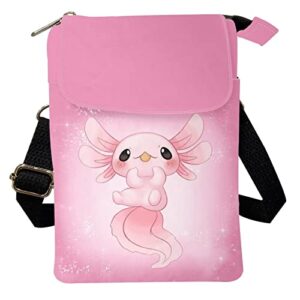 xpyiqun axolotl cute crossbody bag phone purse for women canvas shoulder handbag pink mini messenger bags travel credit card holder roomy pockets clutch tote stuff sack for kids girls