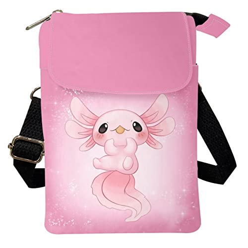 Xpyiqun Axolotl Cute Crossbody Bag Phone Purse for Women Canvas Shoulder Handbag Pink Mini Messenger Bags Travel Credit Card Holder Roomy Pockets Clutch Tote Stuff Sack for Kids Girls