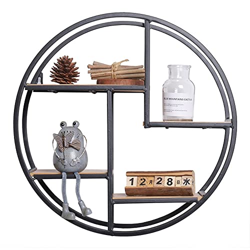 Brown Wooden Round Small, 4 Tier Hanging Floating Display Shelves for Bedroom Living Room Office