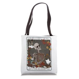 the reader tarot card skeleton librarian witchy mystical tote bag