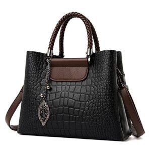 fashion large leather satchel handbag for women top handle crossbody bag ladies crocodile shoulder purse tote (black)