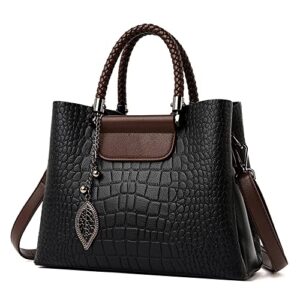 Fashion Large Leather Satchel Handbag for Women Top Handle Crossbody Bag Ladies Crocodile Shoulder Purse Tote (Black)