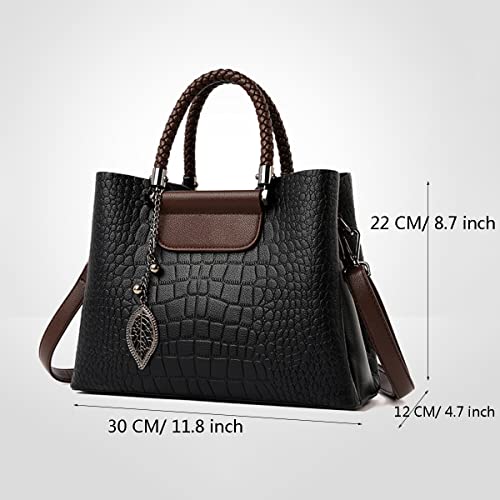 Fashion Large Leather Satchel Handbag for Women Top Handle Crossbody Bag Ladies Crocodile Shoulder Purse Tote (Black)