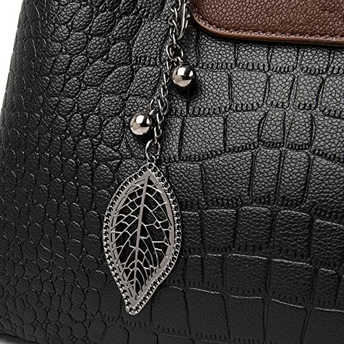 Fashion Large Leather Satchel Handbag for Women Top Handle Crossbody Bag Ladies Crocodile Shoulder Purse Tote (Black)