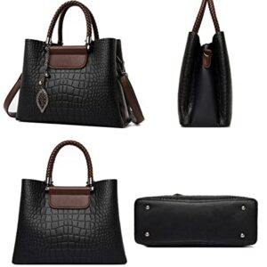 Fashion Large Leather Satchel Handbag for Women Top Handle Crossbody Bag Ladies Crocodile Shoulder Purse Tote (Black)