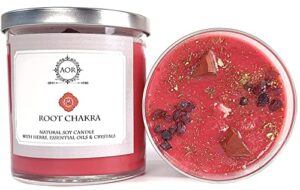 root chakra soy candle 10 oz with red jasper and garnet crystals, herbs & essential oils . (wiccan pagan magick spirituality)