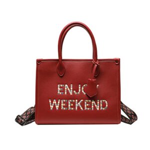 jechin fashion large handbag enjoy weekend letter pu leather tote bag for women girls (red)
