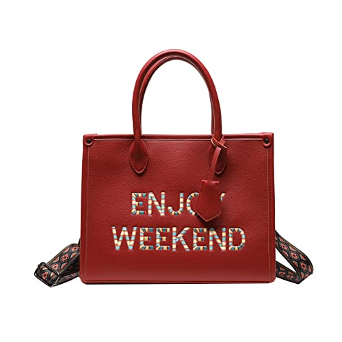 Jechin Fashion Large Handbag Enjoy Weekend Letter Pu Leather Tote Bag for Women Girls (Red)