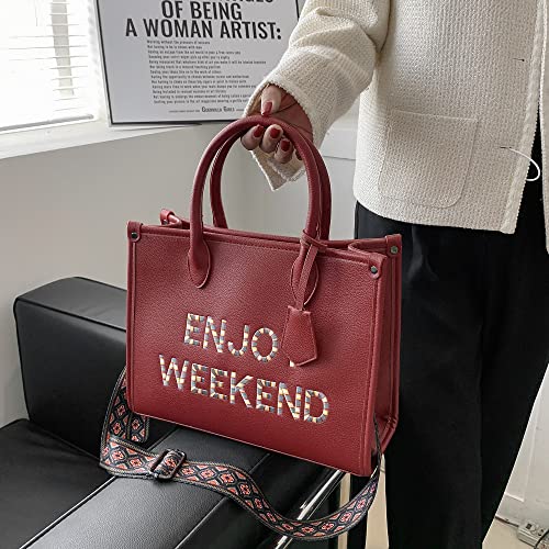 Jechin Fashion Large Handbag Enjoy Weekend Letter Pu Leather Tote Bag for Women Girls (Red)