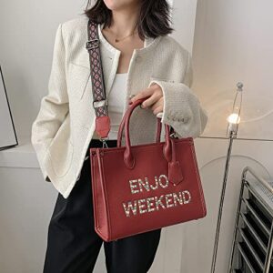 Jechin Fashion Large Handbag Enjoy Weekend Letter Pu Leather Tote Bag for Women Girls (Red)