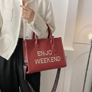 Jechin Fashion Large Handbag Enjoy Weekend Letter Pu Leather Tote Bag for Women Girls (Red)