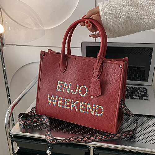 Jechin Fashion Large Handbag Enjoy Weekend Letter Pu Leather Tote Bag for Women Girls (Red)