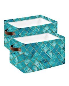 storage cubes organizer with handles, blue geometry lattice marble storage bins fabric collapsible storage baskets for shelf closet nursery cloth organizers box 2pcs-15x11x9.5in
