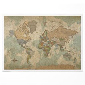 world map on canvas in vintage earth tones, travel map with pins to mark travels, world map pin board, world maps for wall push pin, gift for travelers gift for women men (rolled 40×24)