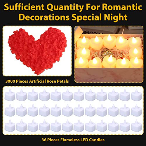 Caffox 3000Pcs Rose Petals with 36Pcs LED Tea Lights Candles, Rose Petals for Romantic Night for Her Set, Romantic Decorations for Special Night, Valentine's Day, Wedding, Anniversary Decorations