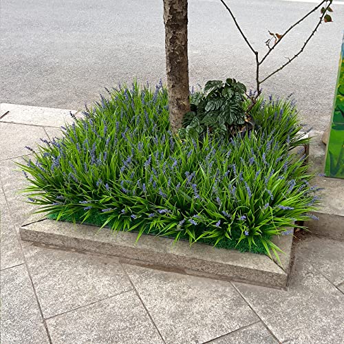 12 Bundles Artificial Plants Outdoor Fake Monkey Grass with Flowers for Pot Garden Verandah Decor for Window Garden Office Patio Hanging Planter Pathway Front Porch (Grass with Flowers)