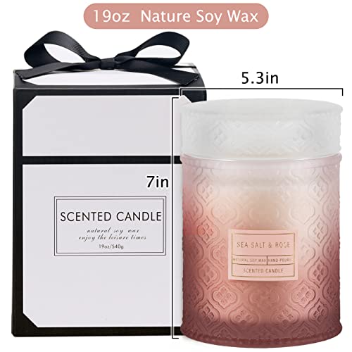 Valentine's Day Sea Salt & Rose Scented Candle Large Jar Candle for Home 19oz Gift Candle for Women Men Wooden Wick