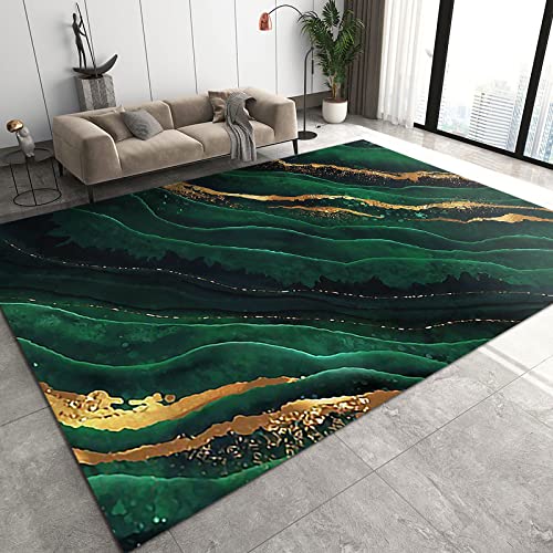 Nordic Modern Jade Green Marble Area Rug, Luxury Green Wave Gold Texture Living Room Rugs, Non Slip Machine Washable Easy Care Carpet for Indoor Bedroom Study Apartment Home Decor - 5.3 ft x 6.6 ft