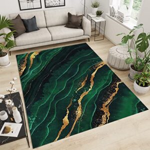 Nordic Modern Jade Green Marble Area Rug, Luxury Green Wave Gold Texture Living Room Rugs, Non Slip Machine Washable Easy Care Carpet for Indoor Bedroom Study Apartment Home Decor - 5.3 ft x 6.6 ft