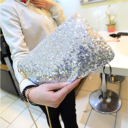 VINMEN Sparkling Glitter Sequins Evening Crossbody Clutch Bride Purse for Party Bling Handbag for Wedding (Silver)