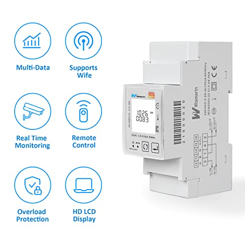 WAMARIN Smart Multifuctional Energy Meter 2 Wire Single Phase 80A, WIFI Electricity Usage Digital Monitor, Remote Control Current Voltage Protection, Compatible with Alexa Google Assistant, 2121