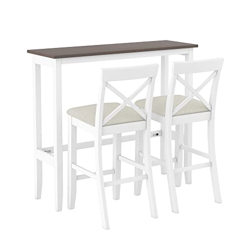 Polibi 3-Piece Bar Height Dining Set with 48”Rectangular Bar Table and 2 Padded Chairs for Dining Room Kitchen Breakfast Nook, Cherry+White