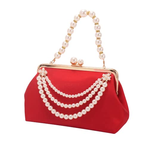 Black, Red and Gold Clutch Purses for Women, Vintage Pearl Satin Evening Handbags for Wedding, Bride Clutch bags with Pearls