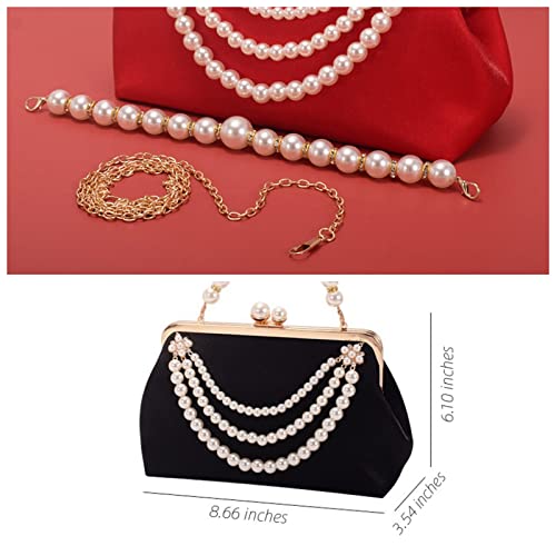 Black, Red and Gold Clutch Purses for Women, Vintage Pearl Satin Evening Handbags for Wedding, Bride Clutch bags with Pearls