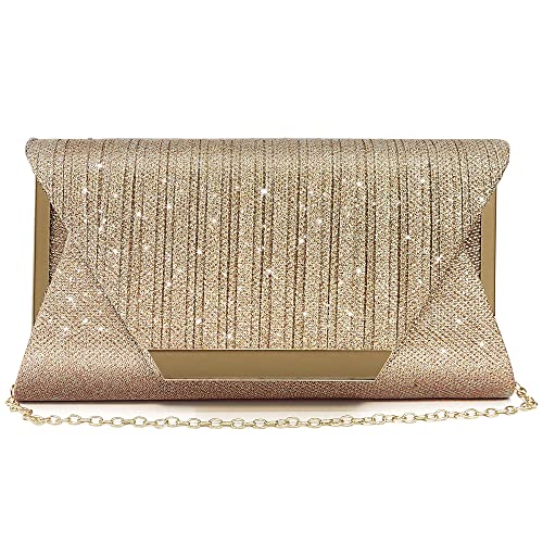 VINMEN Evening Bags Purses For Wedding Glitter Clutch for Women Dressy Clutches with Shoulder Chain (Gold)