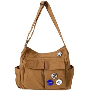 canvas messenger bag large hobo crossbody bag with multiple pockets shoulder tote bag for women and men (brown)