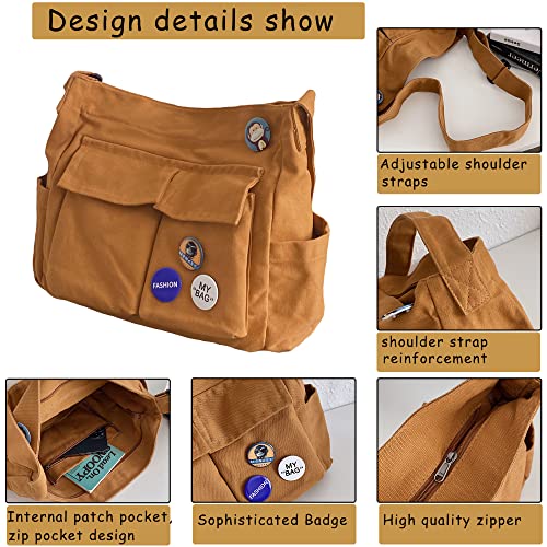 Canvas Messenger Bag Large Hobo Crossbody Bag with Multiple Pockets Shoulder Tote Bag for Women and Men (Brown)