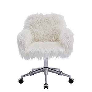 goolon fuzzy desk chair fluffy office chair faux fur desk chair modern swivel chair with armrest vanity chair soft comfortable for woman girl living dressing room white