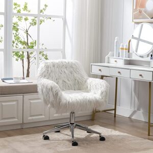 GOOLON Fuzzy Desk Chair Fluffy Office Chair Faux Fur Desk Chair Modern Swivel Chair with Armrest Vanity Chair Soft Comfortable for Woman Girl Living Dressing Room White