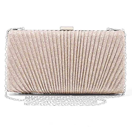 Yokawe Women's Evening Bag Gold Glitter Pleated Clutch Purse Bridal Wedding Party Prom Handbag (Champagne)