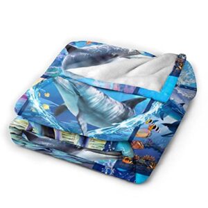 Dolphin Blanket Soft Warm Cozy Ocean Animal Blankets for Boys Girls Fuzzy Plush Dolphin Throw Blanket Fleece Flannel Kid Adults Blanket Gift for Couch Sofa 50"x40"