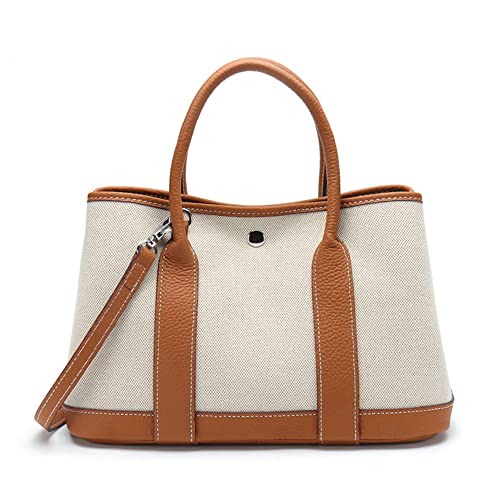 women's leather canvas garden party tote bag Crossbody shoulder bag handbag (Brown, M(30*22*14cm))