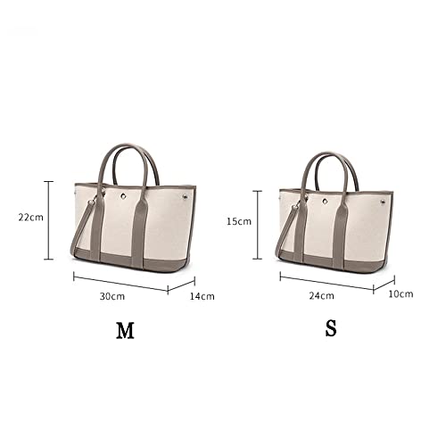 women's leather canvas garden party tote bag Crossbody shoulder bag handbag (Brown, M(30*22*14cm))