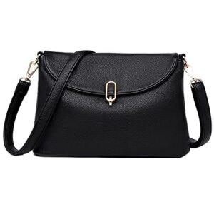 AngelCit Women's Large Capacity Crossbody Bags Soft Leather Work Contrast Shoulder Bag with Adjustable Strap Leather Waterproof Tote Bag (Black)