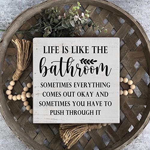 Ywkuiev Life is Like the Bathroom White Wooden Box Plaque, Hope Everything Comes Out Okay Rustic Sign for Family Home Bathroom Office Desk Decor (6 X 6 Inch)