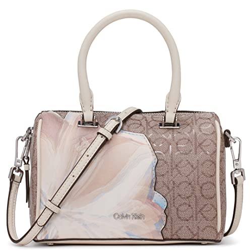 Calvin Klein Ashley Top Zip Dome Mini Satchel Crossbody, Almond/Taupe Multi Printed Textured Emboss Logo