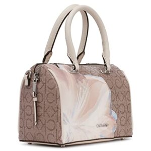 Calvin Klein Ashley Top Zip Dome Mini Satchel Crossbody, Almond/Taupe Multi Printed Textured Emboss Logo