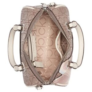 Calvin Klein Ashley Top Zip Dome Mini Satchel Crossbody, Almond/Taupe Multi Printed Textured Emboss Logo