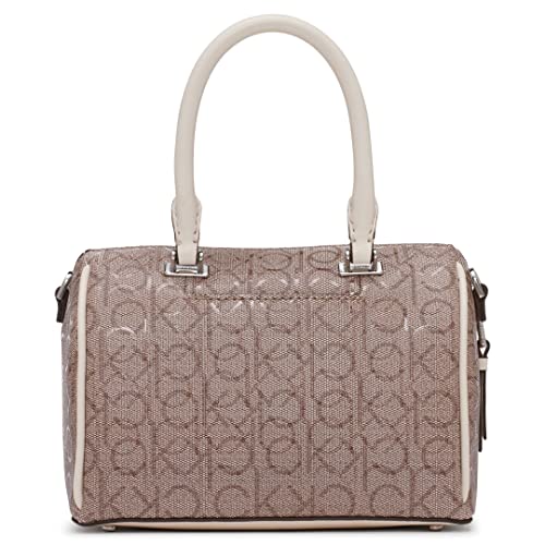 Calvin Klein Ashley Top Zip Dome Mini Satchel Crossbody, Almond/Taupe Multi Printed Textured Emboss Logo