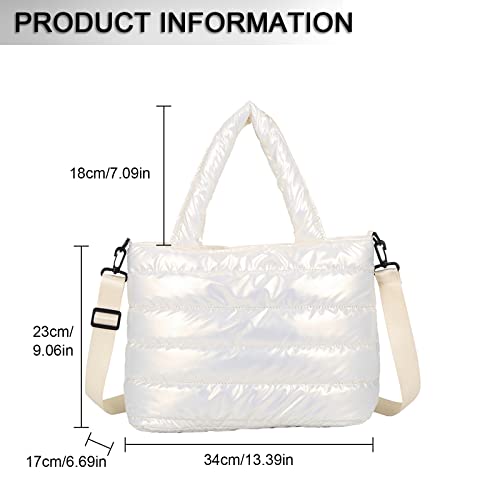 JQAliMOVV Puffer Tote Bag, Trendy Large Quilted Puffy Tote Bag Purse for Women Multiple-pockets Shoulder Handbags for Work Travel Shoping (White)