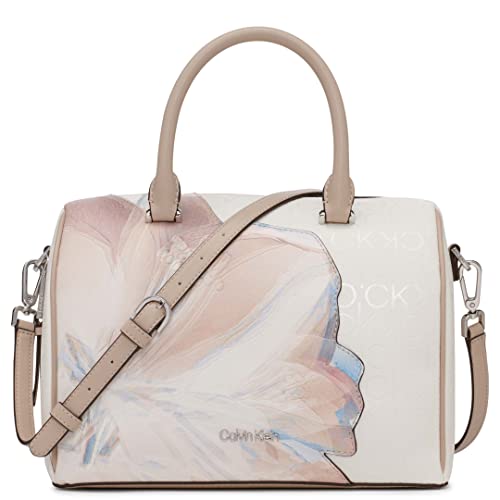 Calvin Klein Ashley Top Zip Dome Satchel, Cherub White Multi Printed Textured Emboss Logo