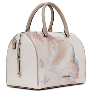 Calvin Klein Ashley Top Zip Dome Satchel, Cherub White Multi Printed Textured Emboss Logo